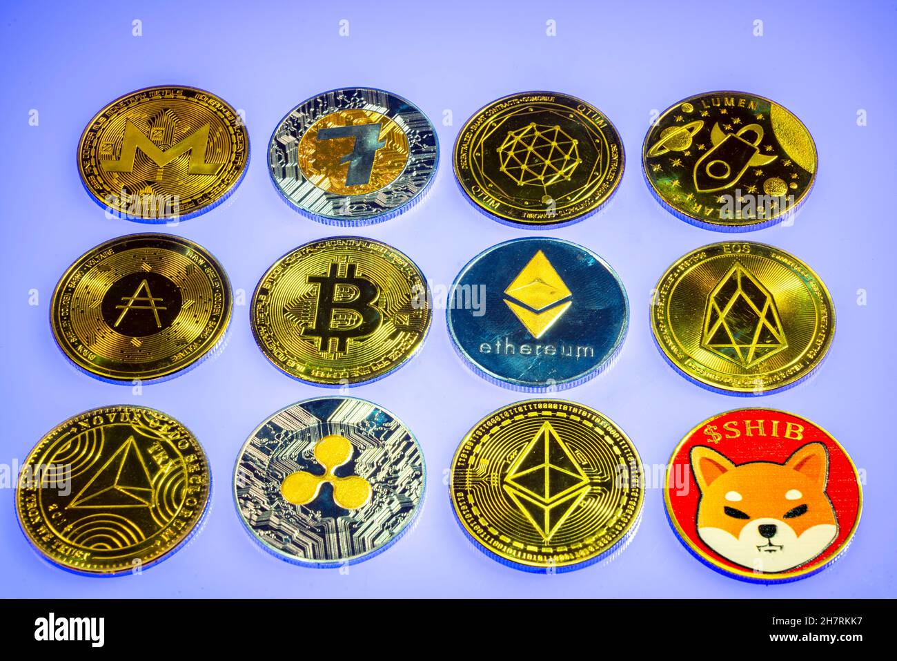 Various cryptocurrencies, symbol coins, optical placeholder for digital  currency, blockchain, Bitcoin, Ripple, Ethereum, Shiba Inu, Eos, Litecoin,  Mon Stock Photo - Alamy