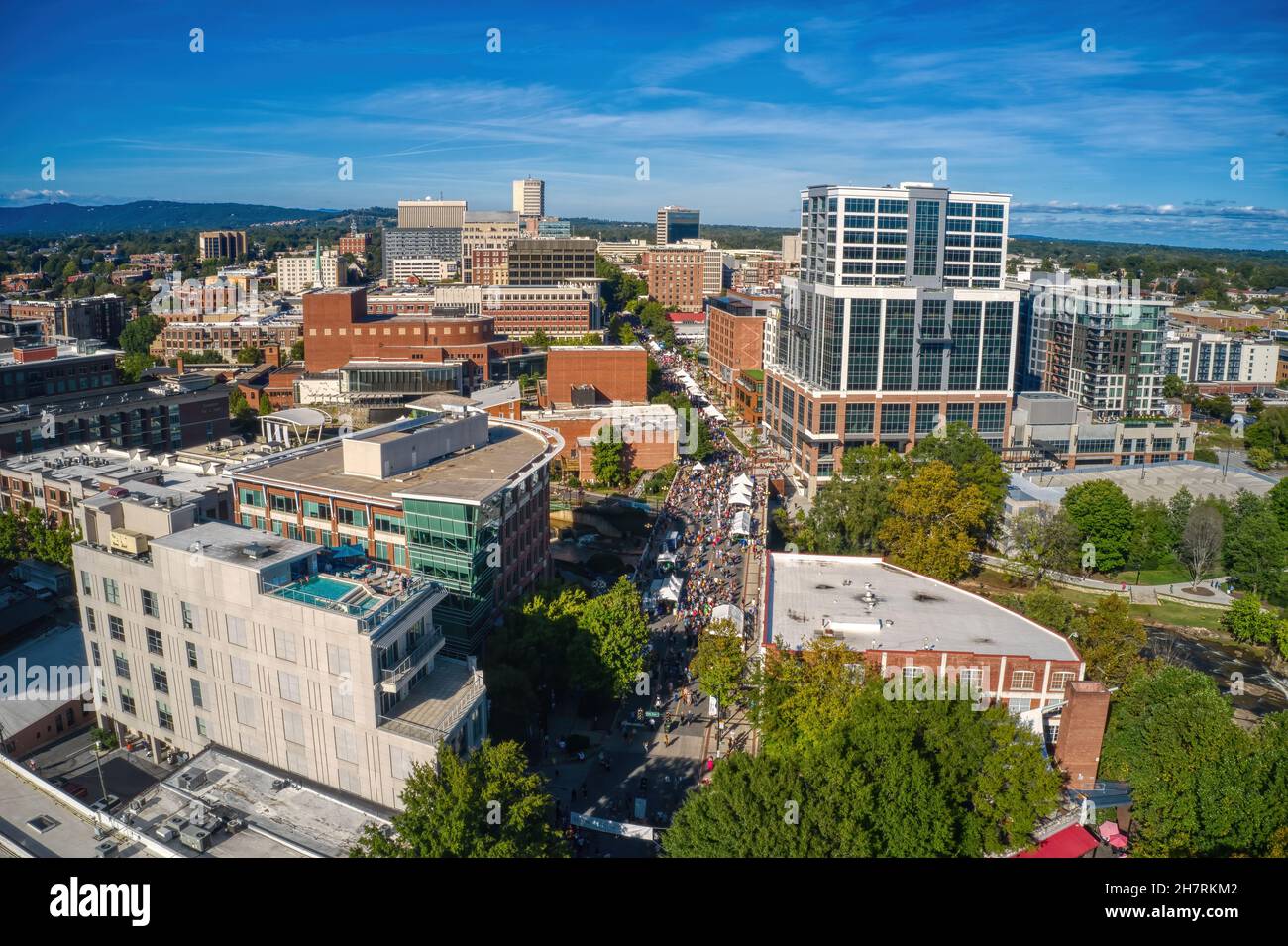 Beautiful aerial view of Greenville under a blue sky in South Carolina Stock Photo
