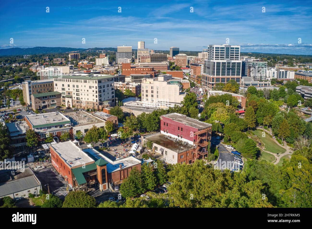 Beautiful aerial view of Greenville under a blue sky in South Carolina Stock Photo