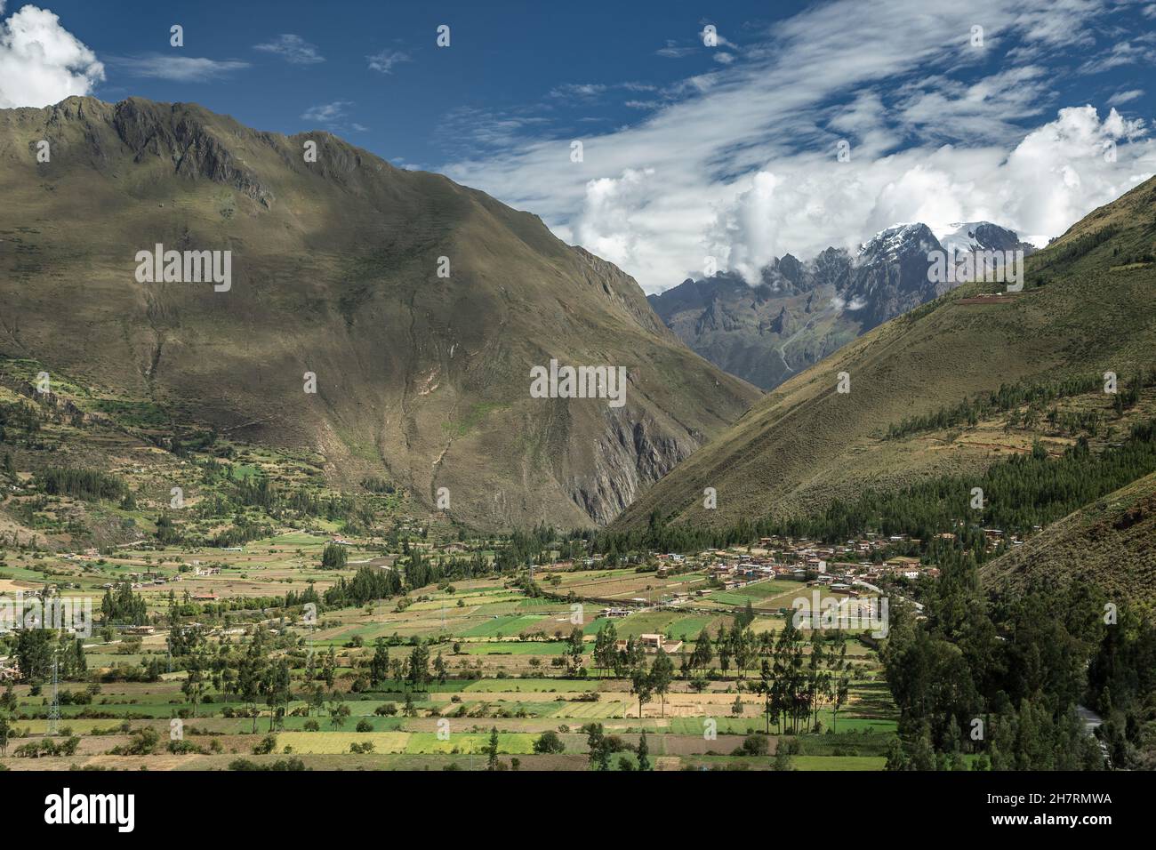 Urubamba Valley from Ollantaytambo Inca ruins, Ollantaytambo, Cusco, Peru Stock Photo