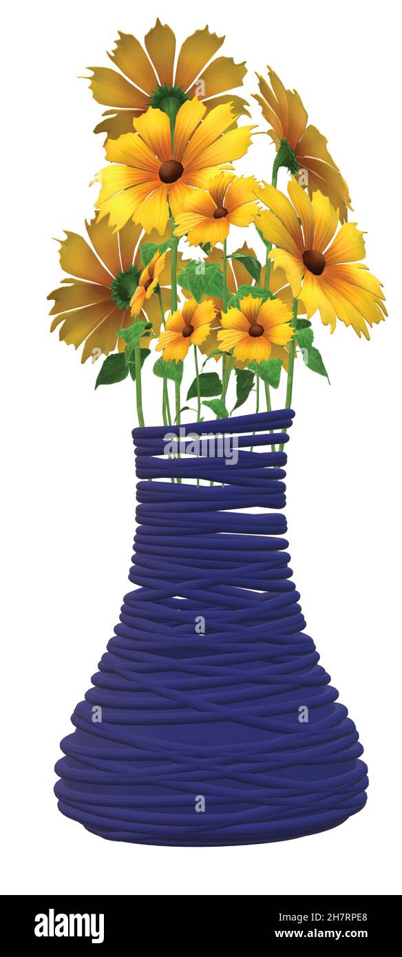 Yellow Flowers in Solid Blue Vase Stock Vector