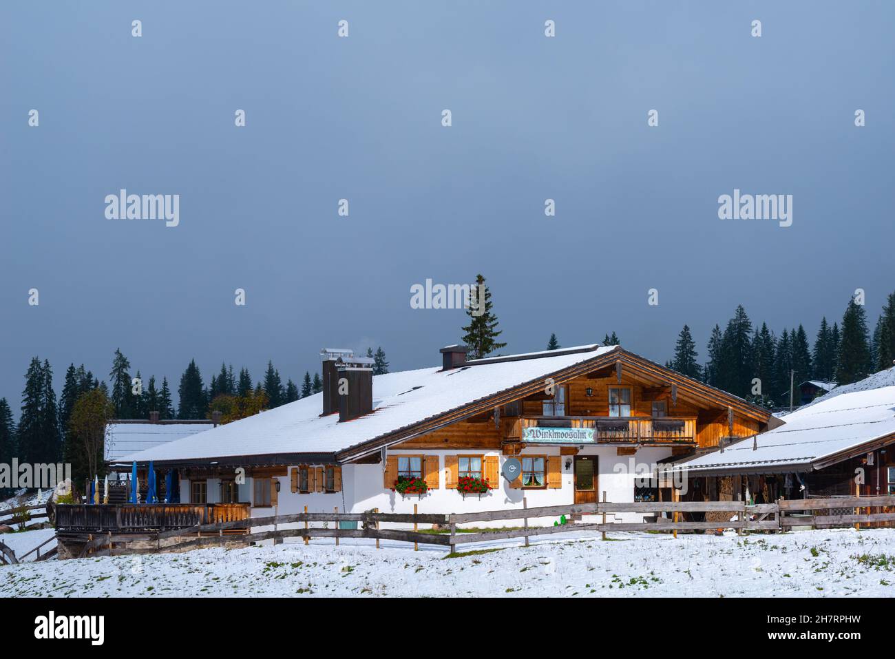 Snow-covered Winklmoosalm or Winklmoos Alp, high plateau 1170m ASL, Reit im Winkl, Chiemgau, Upper Bavaria, Bavarian Alps, Southern Germany, Europe Stock Photo