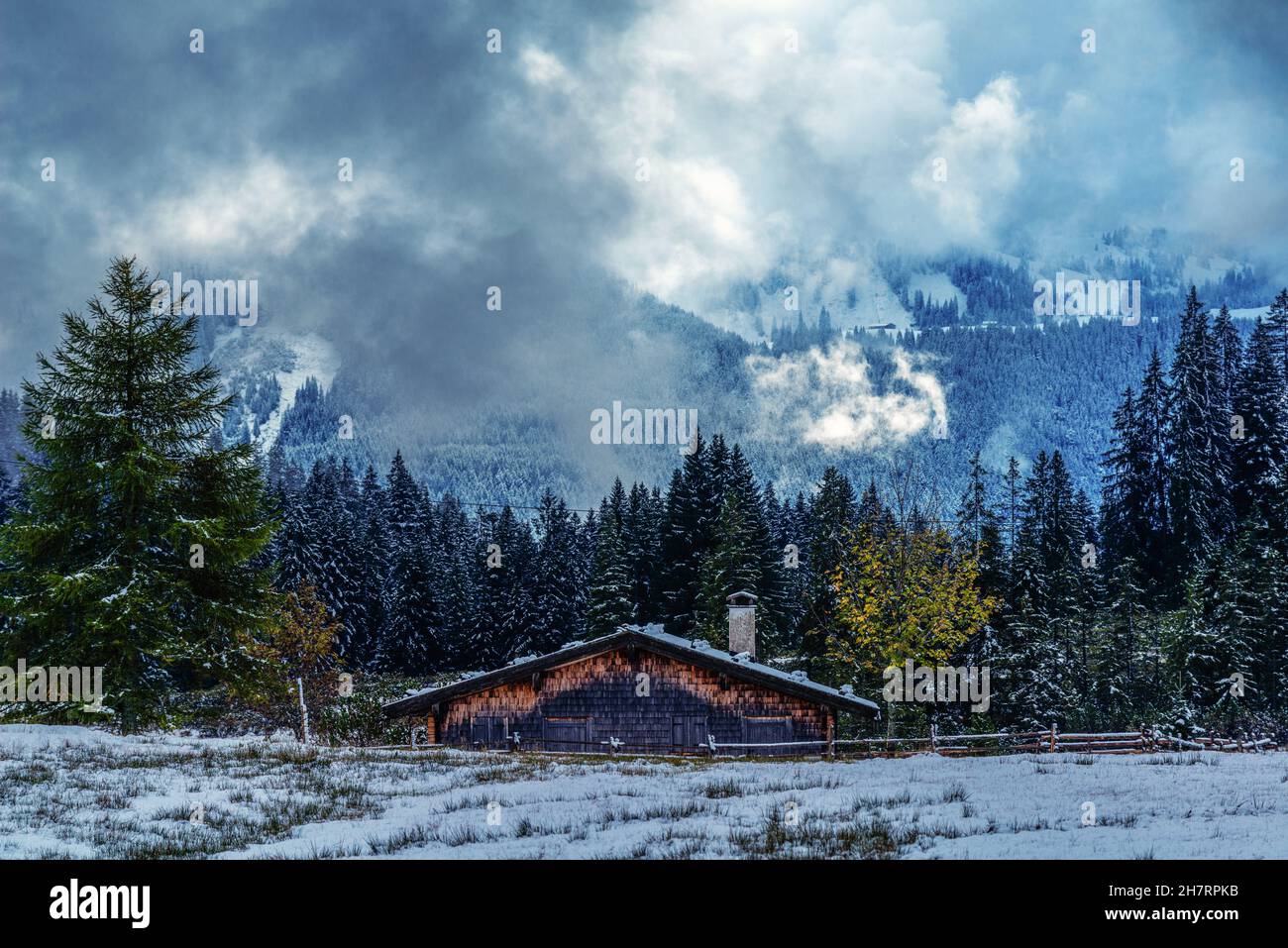 Snow-covered Winklmoosalm or Winklmoos Alp, high plateau 1170m ASL, Reit im Winkl, Chiemgau, Upper Bavaria, Bavarian Alps, Southern Germany, Europe Stock Photo