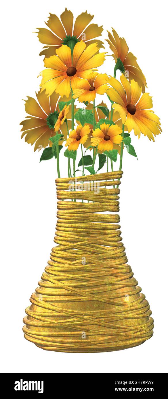 Yellow Flowers in Shiny Metal Gold Golden Vase Stock Vector