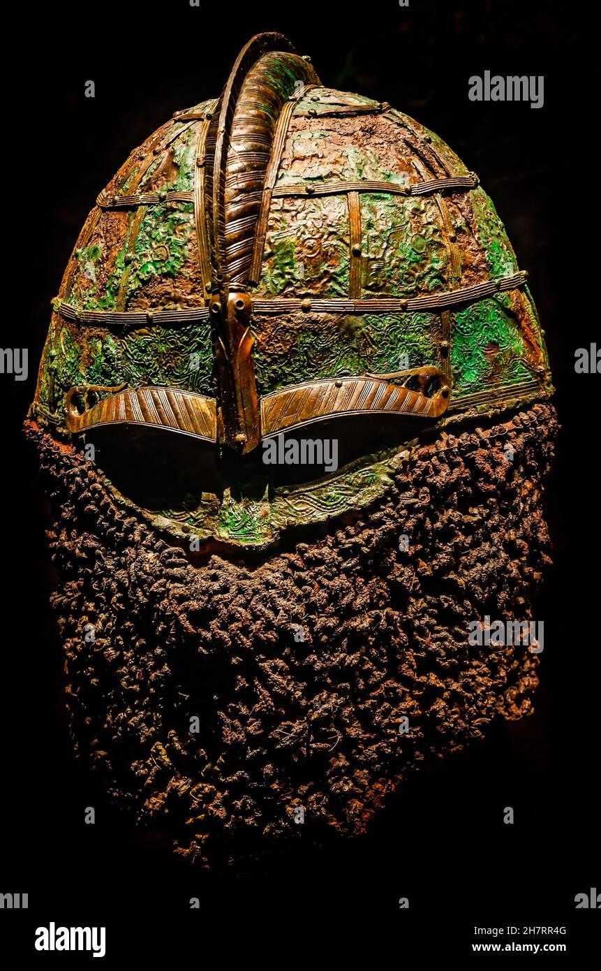 A 7thcentury Viking warrior helmet is displayed in a special exhibit
