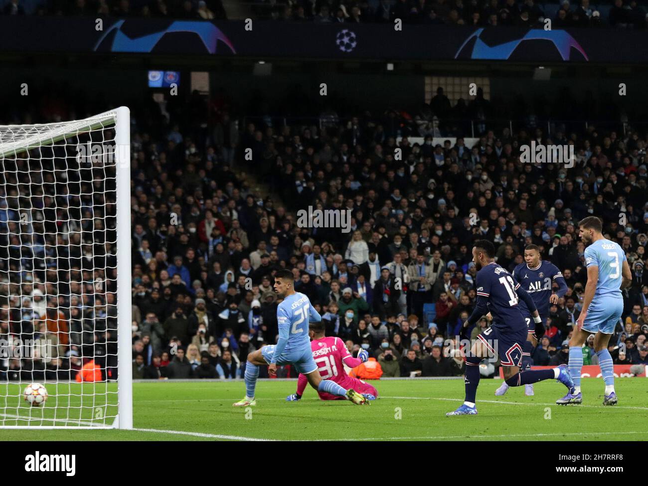 City Stadium, Manchester, UK. 24th Nov, 2021. UEFA Champions League football, Manchester City versus PSG; Kylian Mbappe of Paris Saint Germain beats Manchester City goalkeeper Ederson to give his side a 0-1 lead after 48 minutes Credit: Action Plus Sports/Alamy Live News Stock Photo