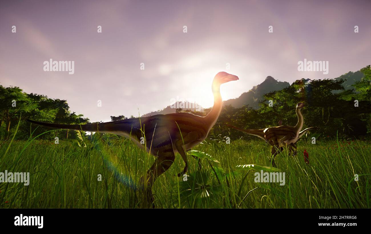 Struthiomimus walking in nature 3D illustration Stock Photo