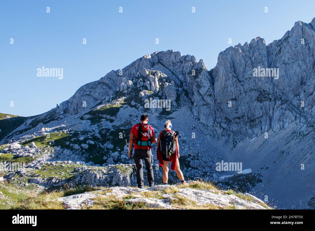 Couple hiking, Mount Durmitor (Montenegro) Stock Photo