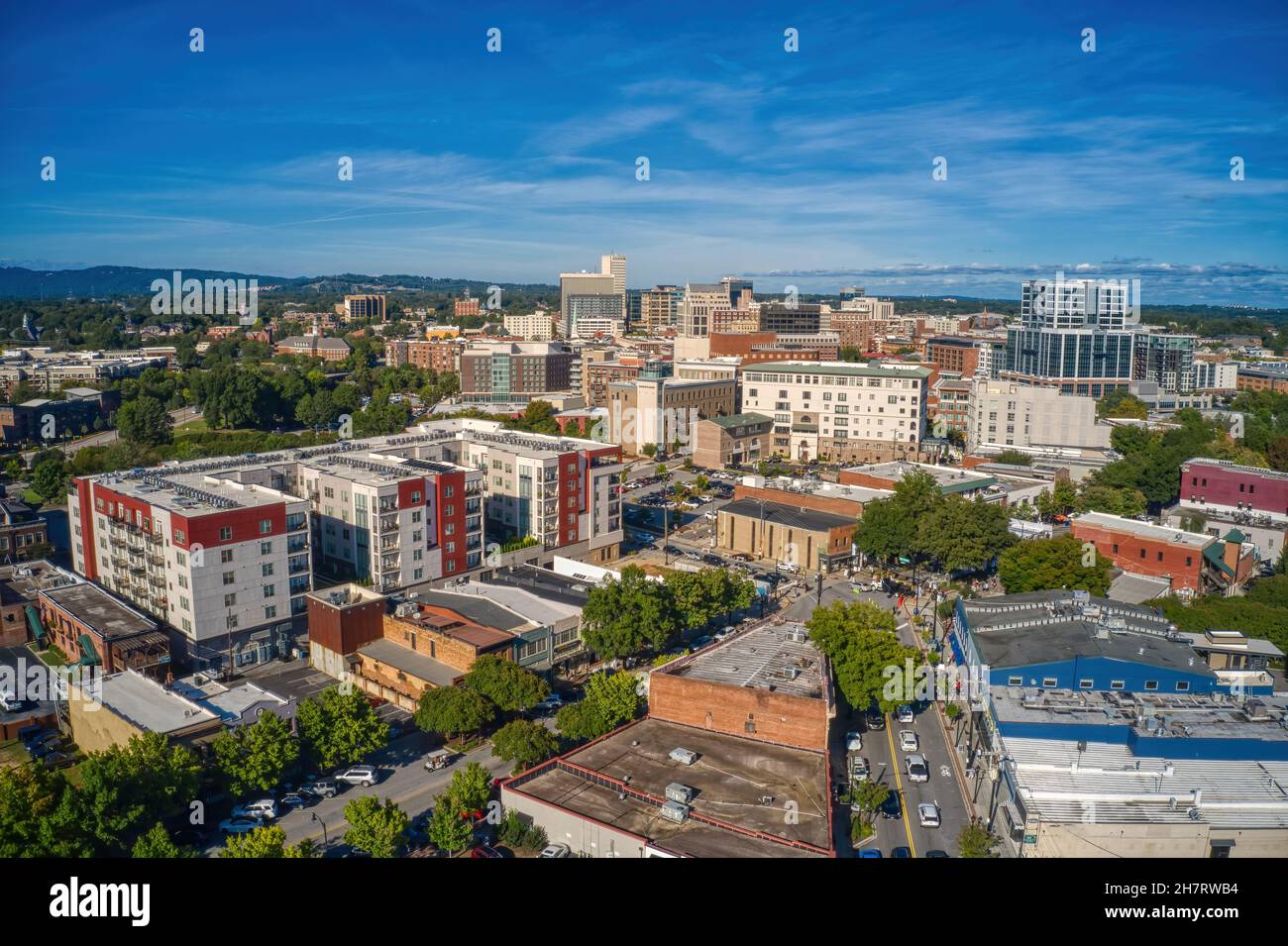 Aerial view of Greenville with dense buildings under a blue sky in South Carolina Stock Photo