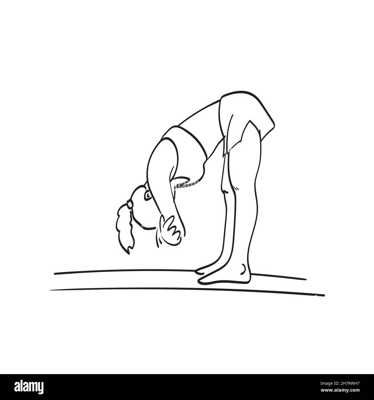 woman in sportware practicing yoga standing forward bend exercise head to knees illustration vector isolated on white background line art. Stock Vector