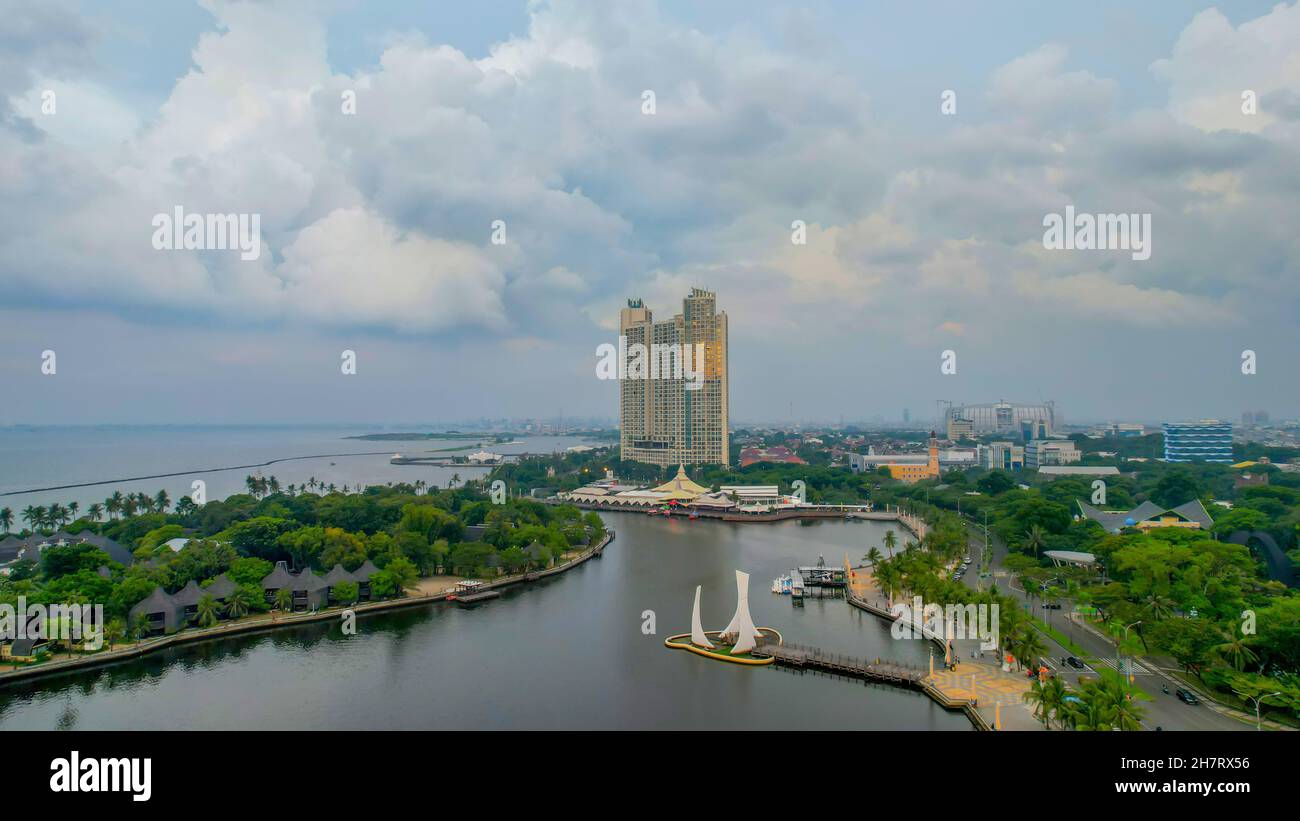 Aerial view of Ancol Beach, North Jakarta. JAKARTA - Indonesia. November 25, 2021 Stock Photo