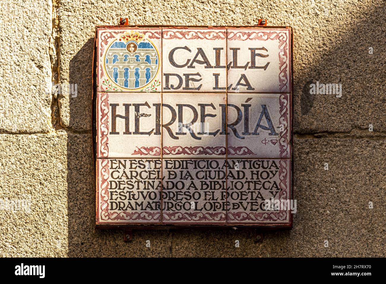 SEGOVIA, SPAIN Sep 17, 2021 The Azulejo (tin glazed tile) with the