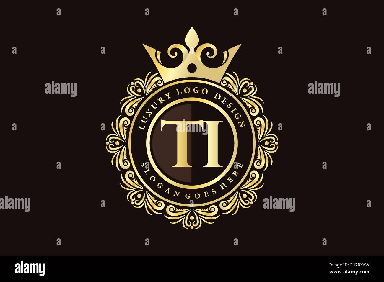 TI Initial Letter Gold calligraphic feminine floral hand drawn heraldic monogram antique vintage style luxury logo design Premium Stock Vector