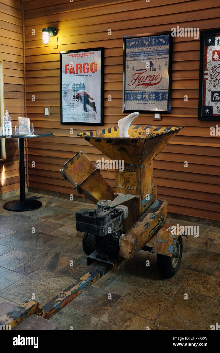 FARGO, NORTH DAKOTA - 9 Sept 2021: Wood Chipper inside the Visitor Center signed by the Coen brothers of the film Fargo. Stock Photo