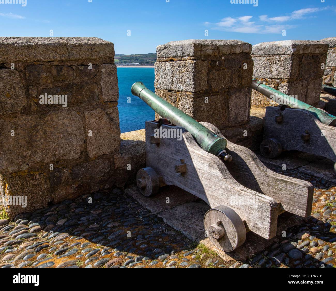 Cannons on the battlements of the castle on St. Michaels Mount in Cornwall, UK. Stock Photo