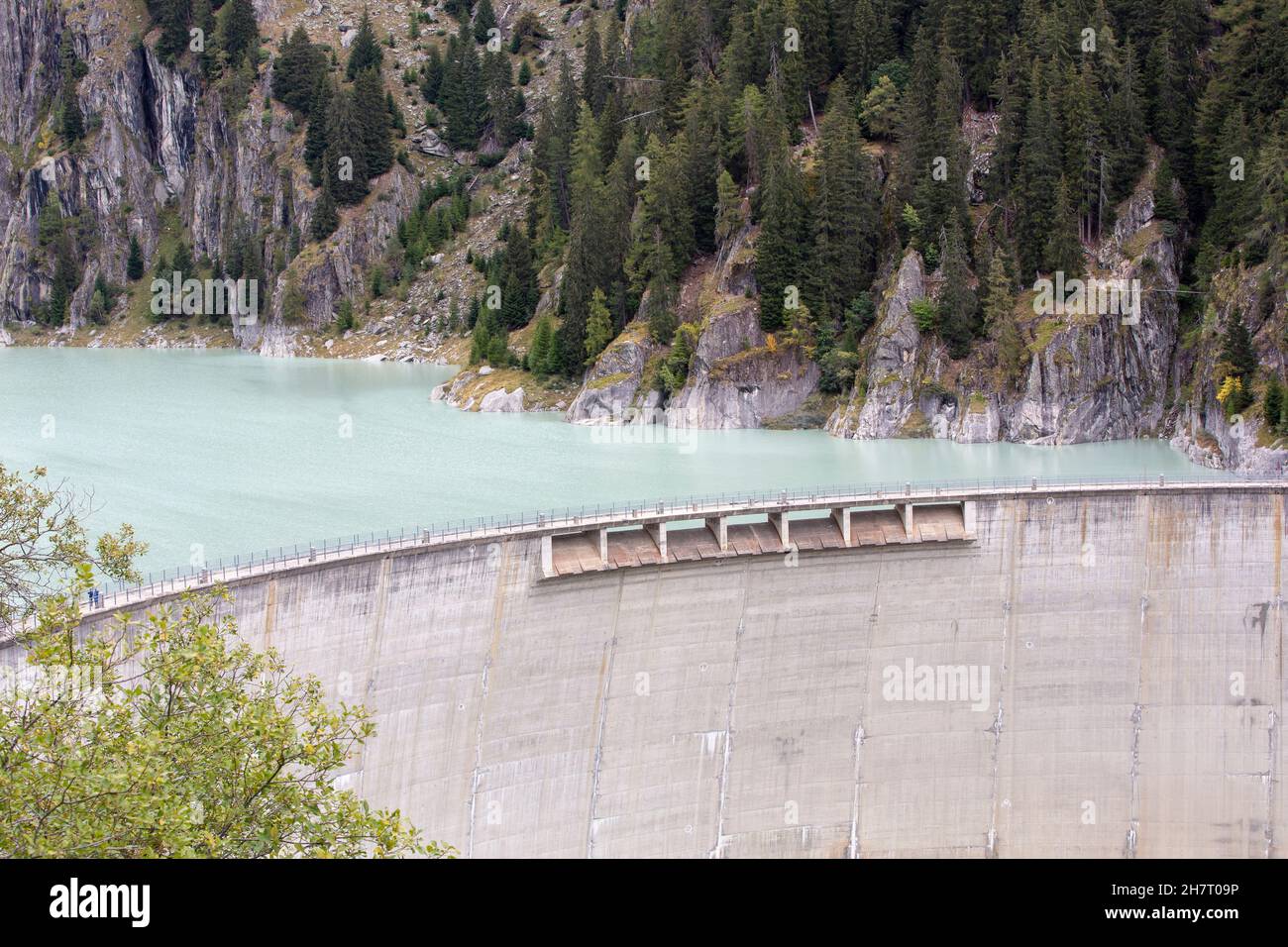 GIBIDUM DAM, NATERS, SWITZERLAND - September 27, 2020: Renewable energy. View on the hydro electric power dam in the mountains of Wallis. Stock Photo