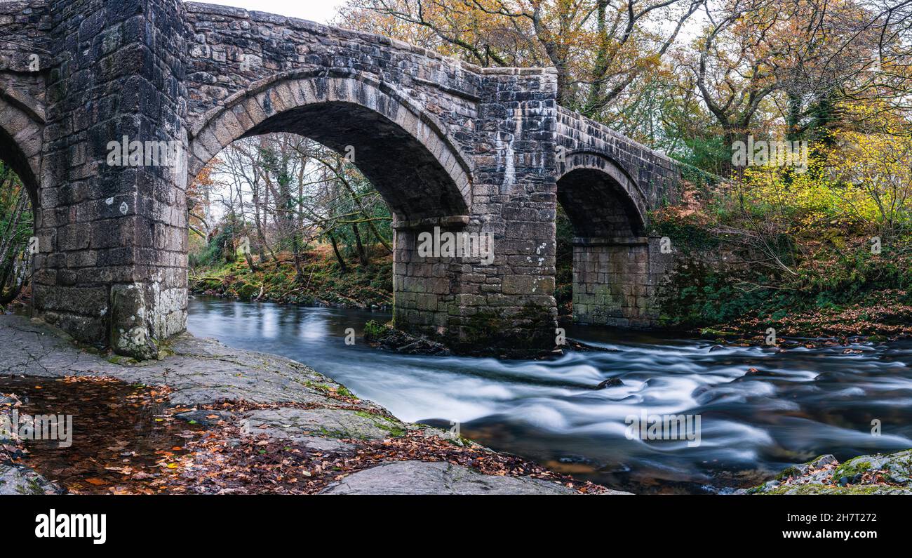 Newbridge in Autumn Colours over the River Dart in long exposure