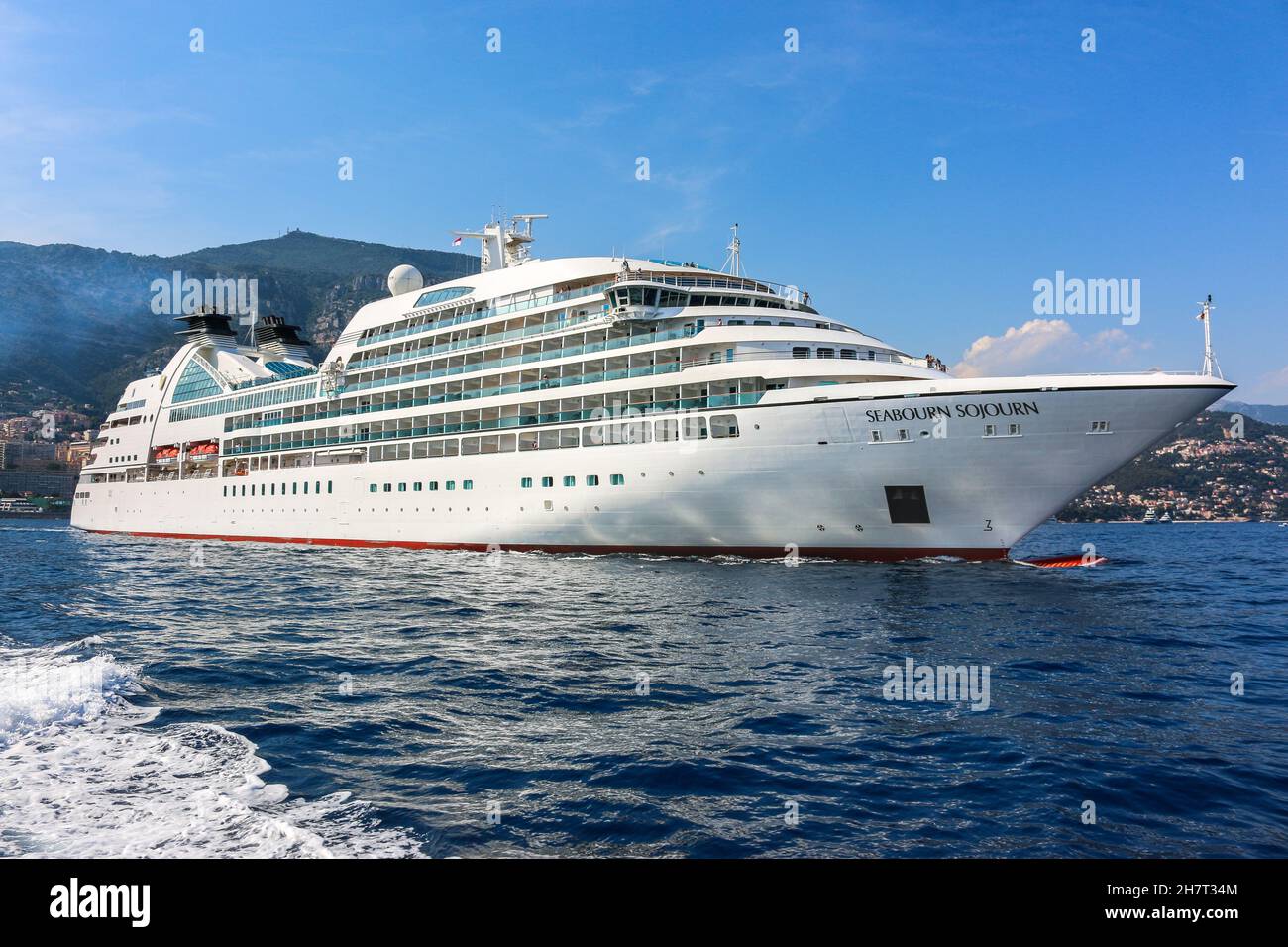 Seabourn Sojourn, luxury cruise ship operated by Seabourn Cruise Line. The vessel left port Hercule, Monaco Monte Carlo, Cruises tourism image photo Stock Photo