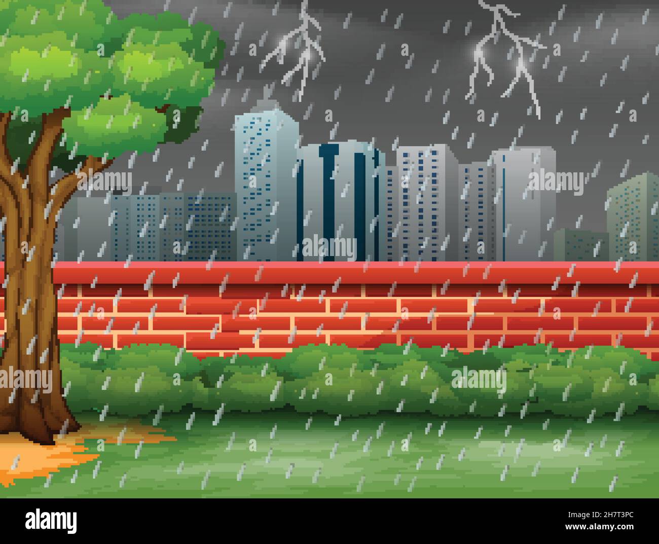 Background city scene with thunderstorm and lightning Stock Vector