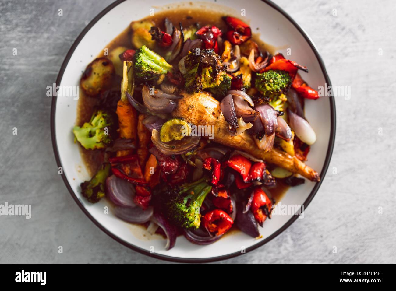 vegan roast with mixed fresh vegetables freshly picked from the garden