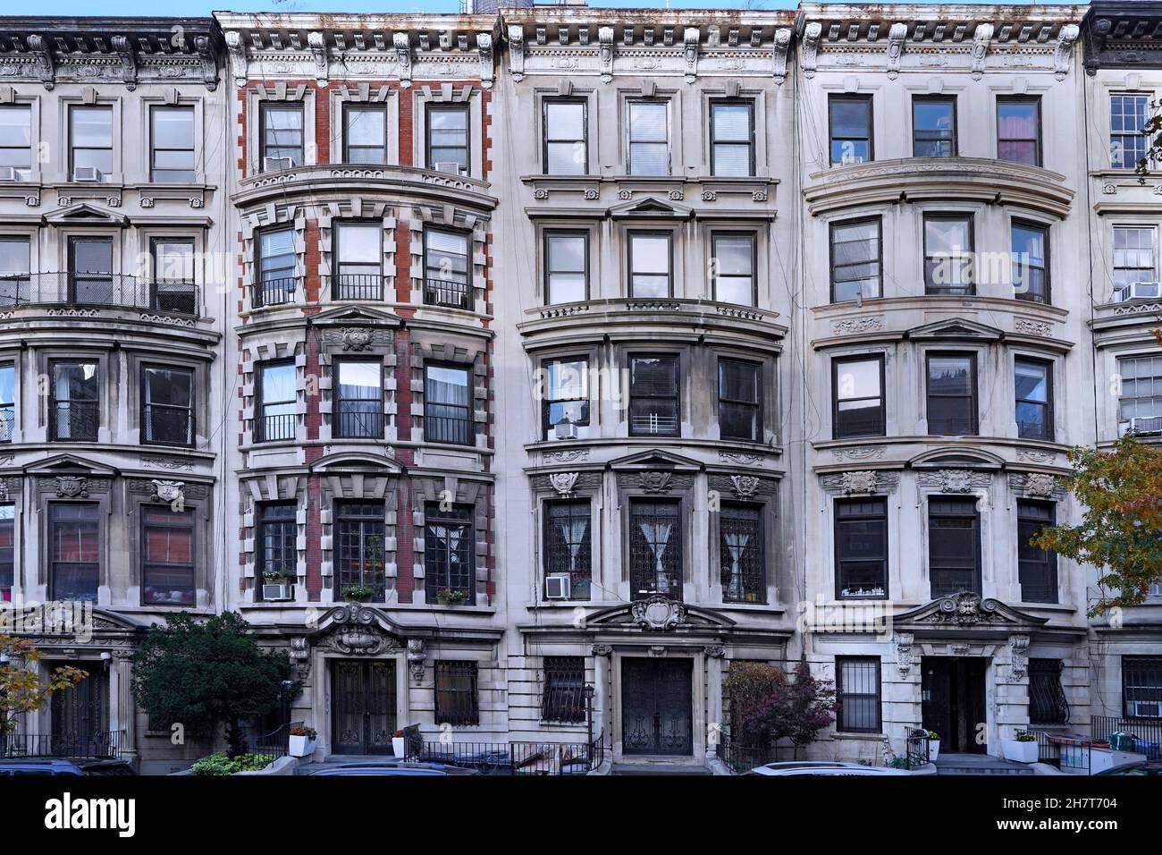 Manhattan street with elegant upper class townhouses Stock Photo