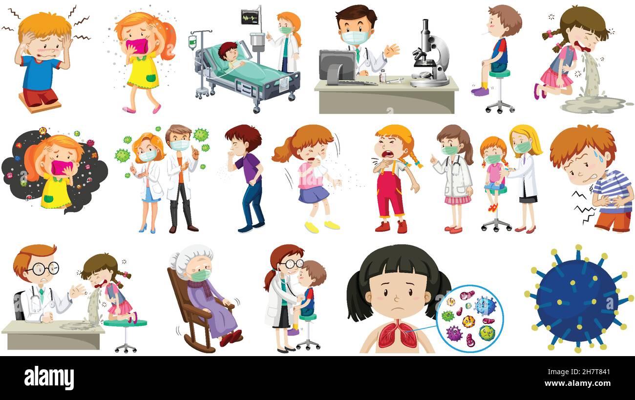 Set of sick people with different syptoms illustration Stock Vector