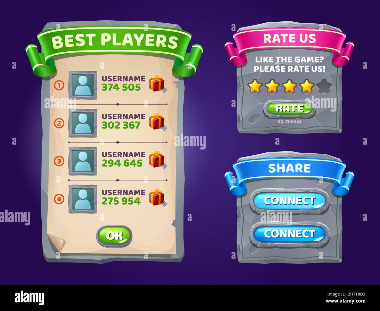 Game ui interface boards with best players list, rate and share banners. Vector cartoon set of gui elements, screen with winners usernames, feedback frame with stars and connect buttons Stock Vector