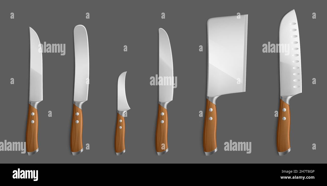 Kitchen knives set, meat chef cutting hatchet, cooking cutlery types ...