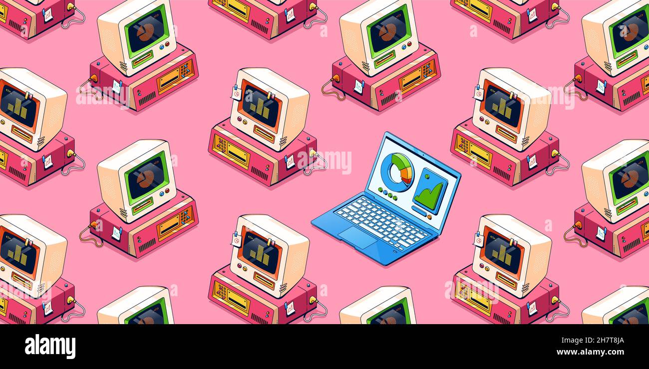 Seamless pattern with isometric modern laptop and vintage computers on pink background. Technology wallpaper with repeating pc elements, layout for website design, 3d Vector line art illustration Stock Vector