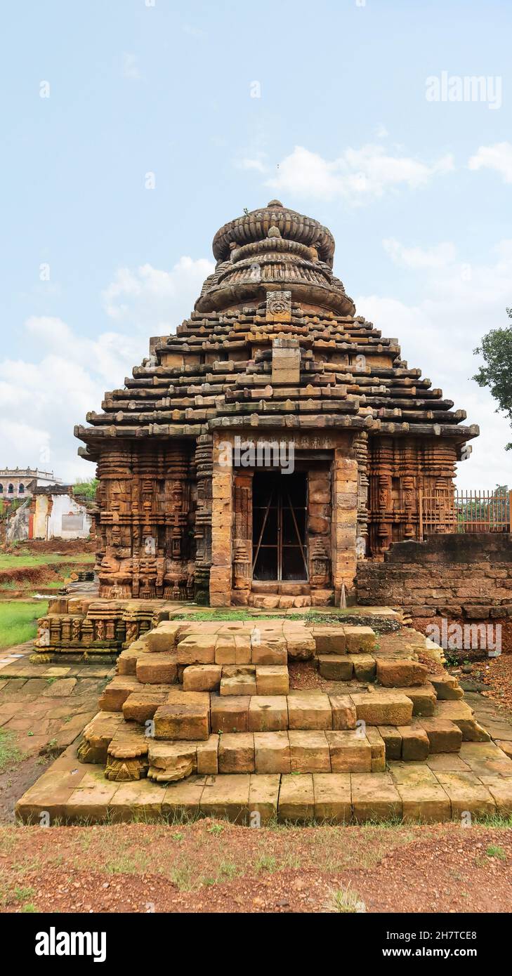 Front view of Sukasari Temple. built in sandstone with carvings of human figures, deities, scroll work and floral motifs on walls. Bhubaneswar, Odisha Stock Photo