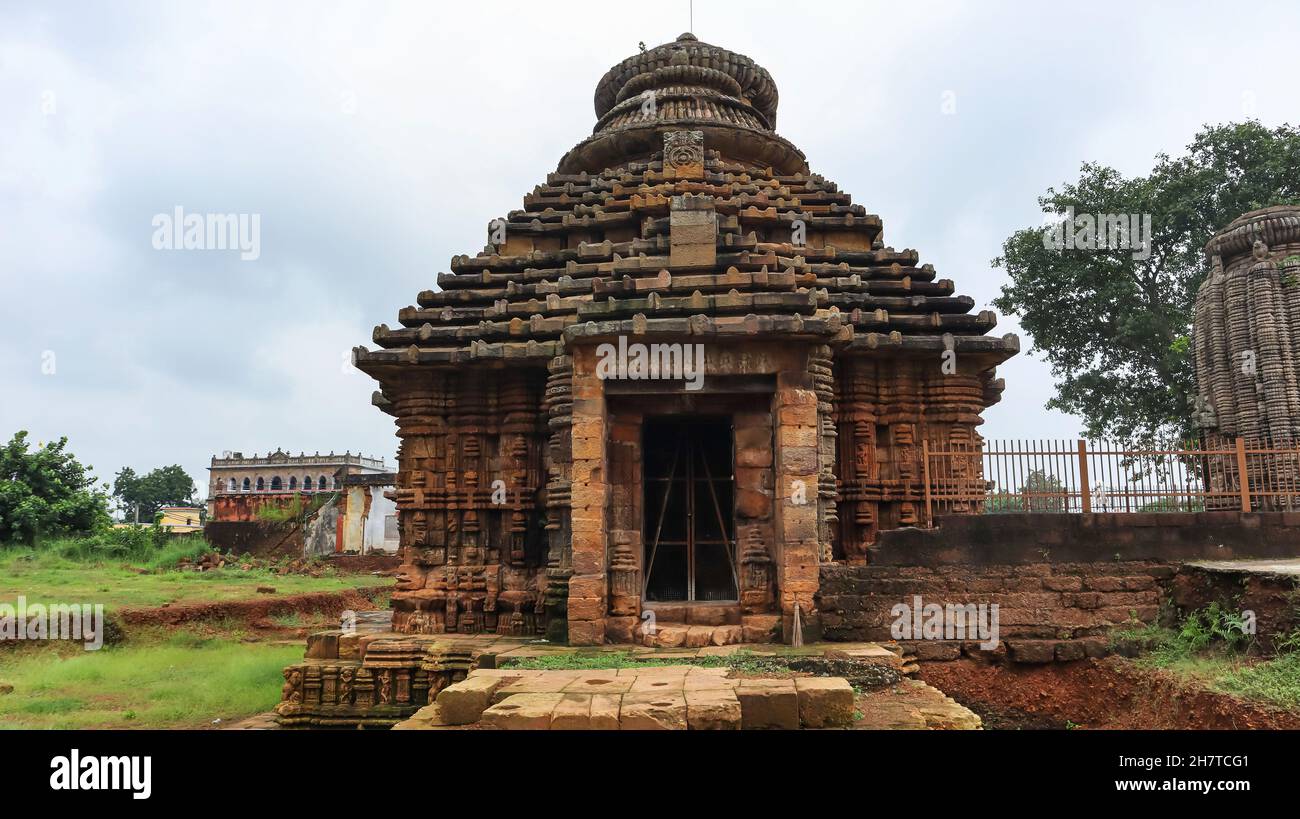 Front façade of view of Sukasari Temple, Bhubaneswar, Odisha, India. Built in sandstone with carvings of human figures, deities, scroll work and flora Stock Photo