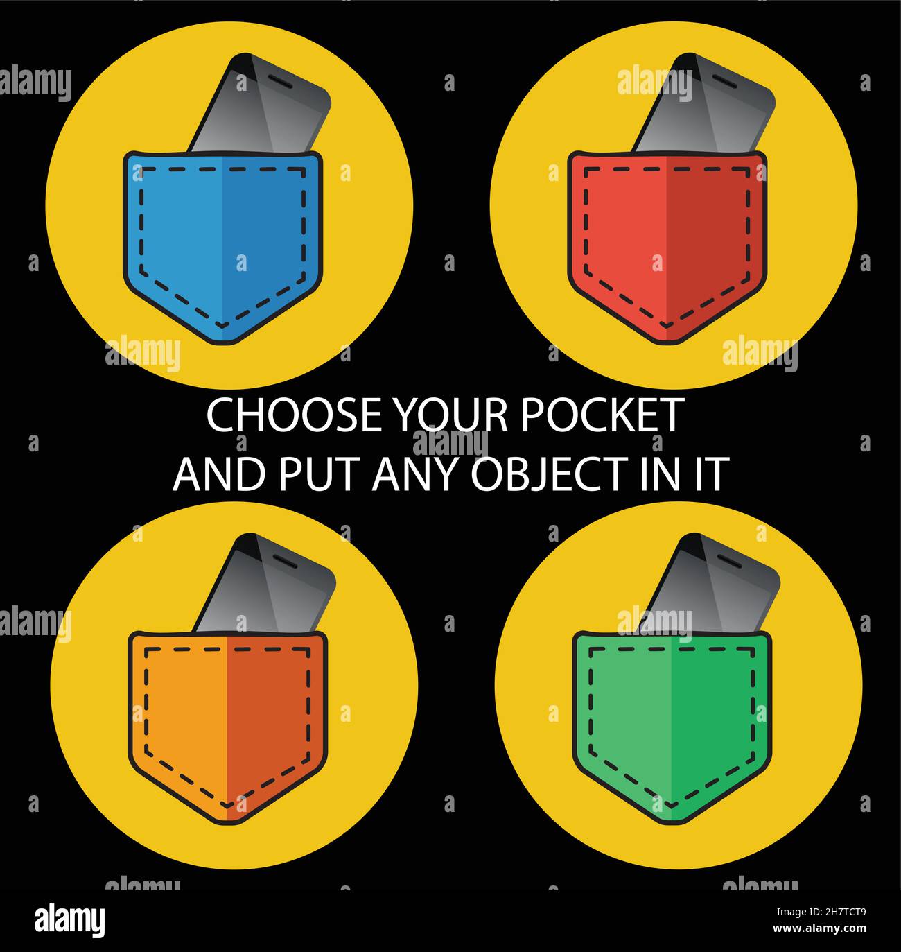 Pockets with objects inside, colored icons vector illustration Stock Vector