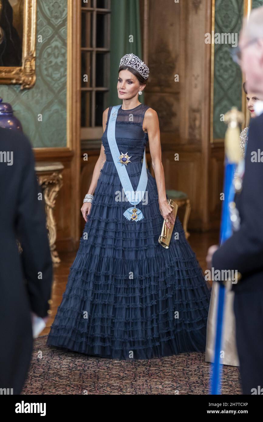 Queen Letizia of Spain attending a gala dinner held by the Swedish royal couple in honor of the Spanish royal couple at the royal palace in Stockholm, Sweden, November 24, 2021. Spain's royals are on a two-day state visit in the country. Photo by Robert Eklund/Stella Pictures/ABACAPRESS.COM Stock Photo