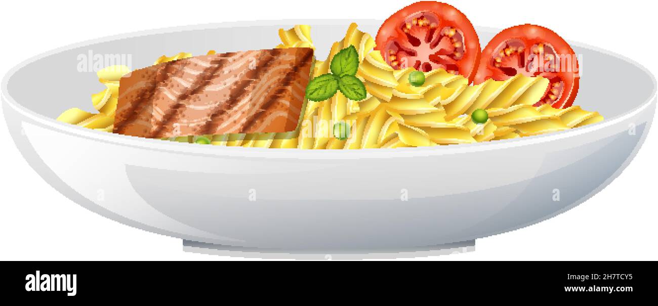 Pasta fusilli with fish steak and tomato illustration Stock Vector ...