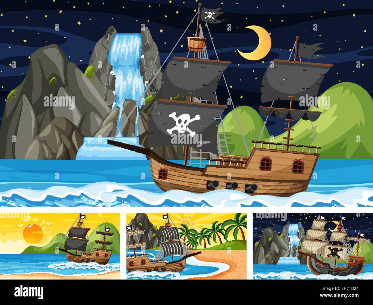 Set of different beach scenes with pirate ship illustration Stock ...