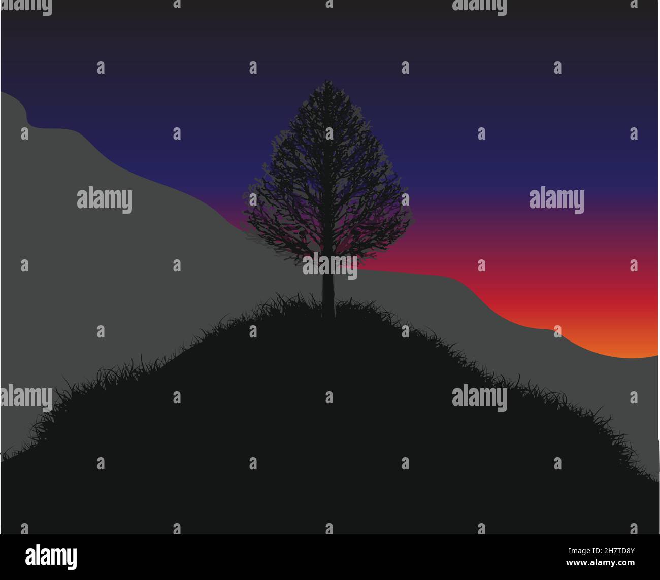 Vector hill with a lonely tree on the top. Hills and mountains covered with grass in the lights of the dawn Stock Vector