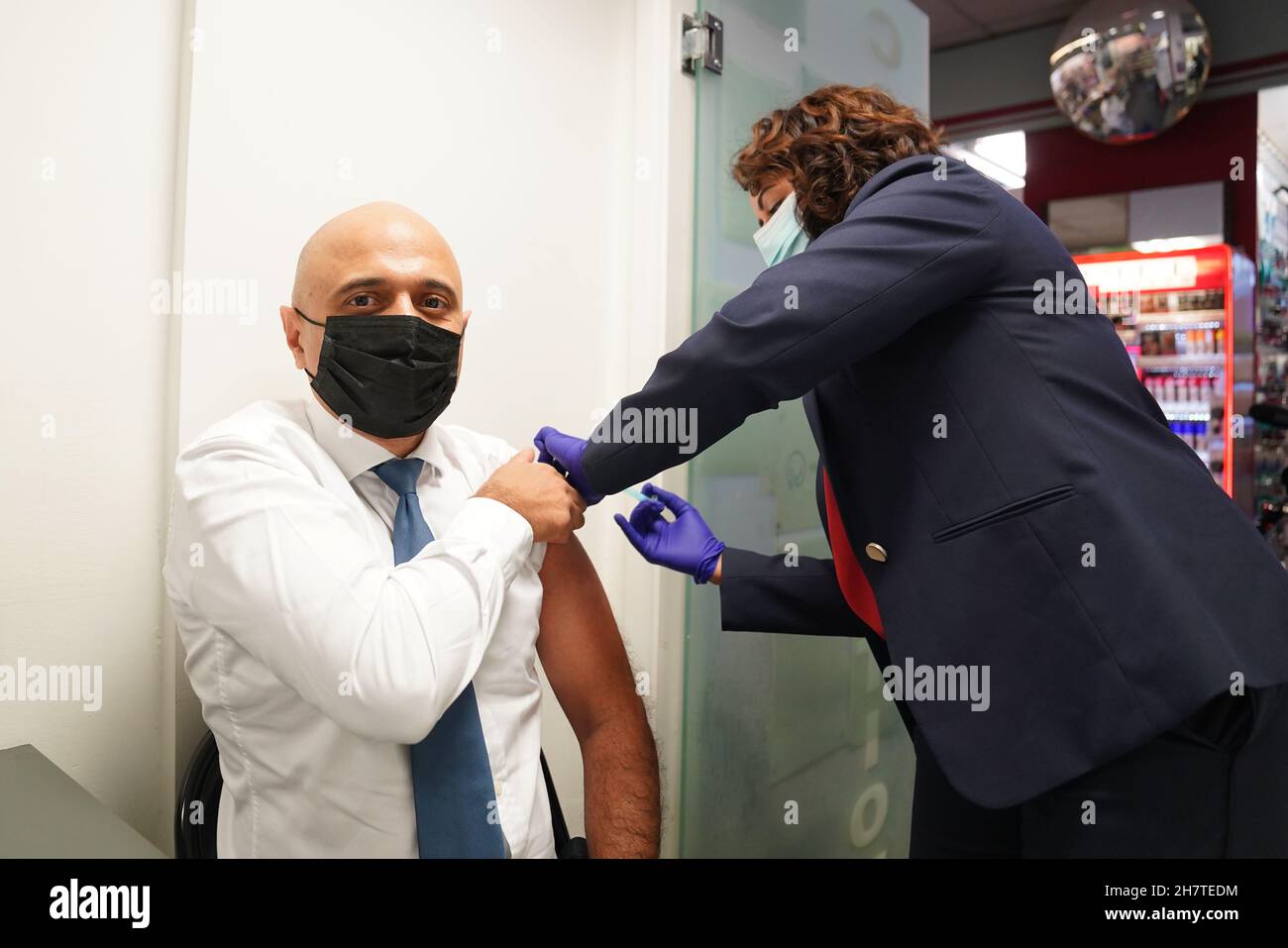 File photo dated 17/11/21 of Health Secretary Sajid Javid receiving his Covid-19 booster jab. People who have had their booster vaccine by 11 December will have 'very high protection against Covid-19 by Christmas Day', the Department of Health and Social Care has said. Stock Photo