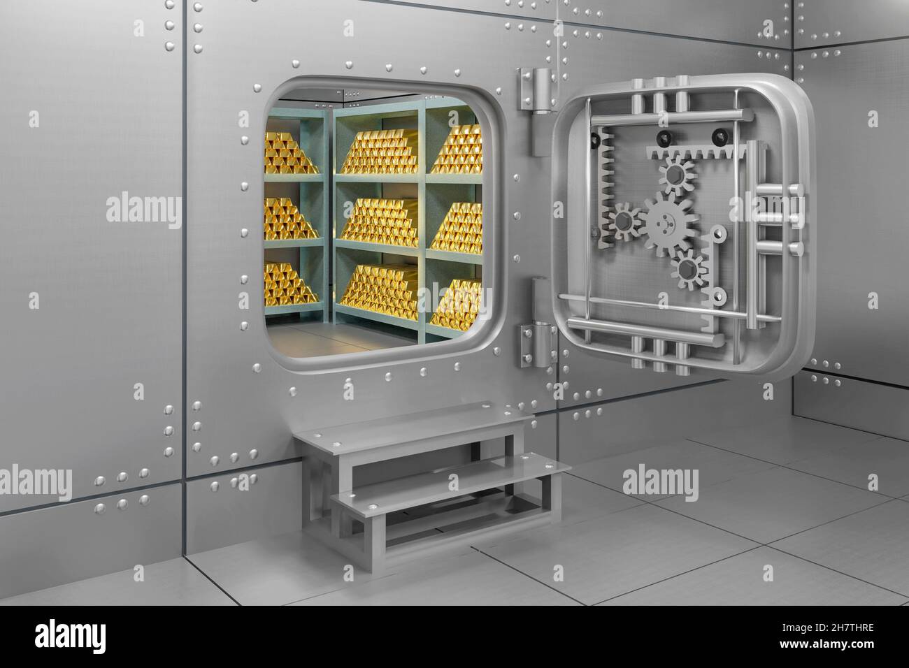 Gold storage with opened metallic door. Underground bank vault -3d rendering Stock Photo
