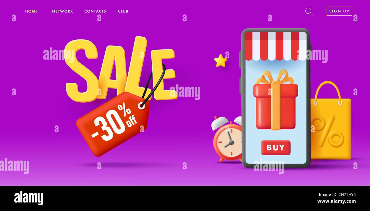 Sale banner with smartphone illustration with gift box on screen as shop with shop visor, clock and shopping bag with up to thirty percent discount Stock Vector