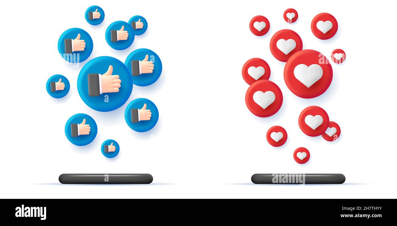 vector 3d illustration of smartphones side view with rising up volume circles as a cloud with thumb up in blue and hearts in red Stock Vector