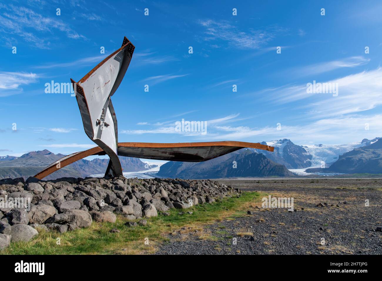 Close up of the remains of the Gigjukvisl steel bridge after a glacial outburst and flood of icebergs in 1996 near Svinafell, Iceland with in the back Stock Photo