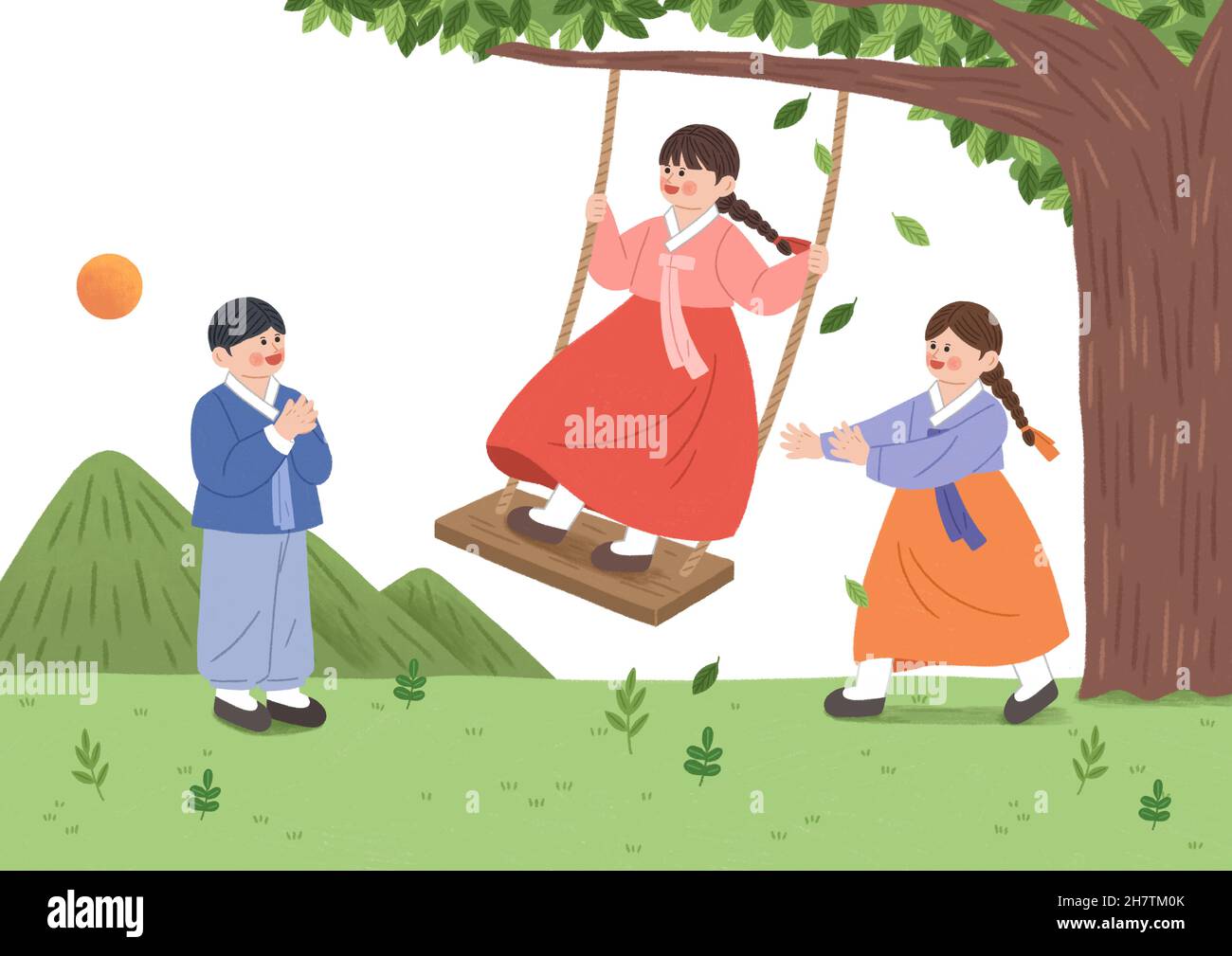 children in Hanbok on tree swing, Korea tradition Stock Photo Alamy