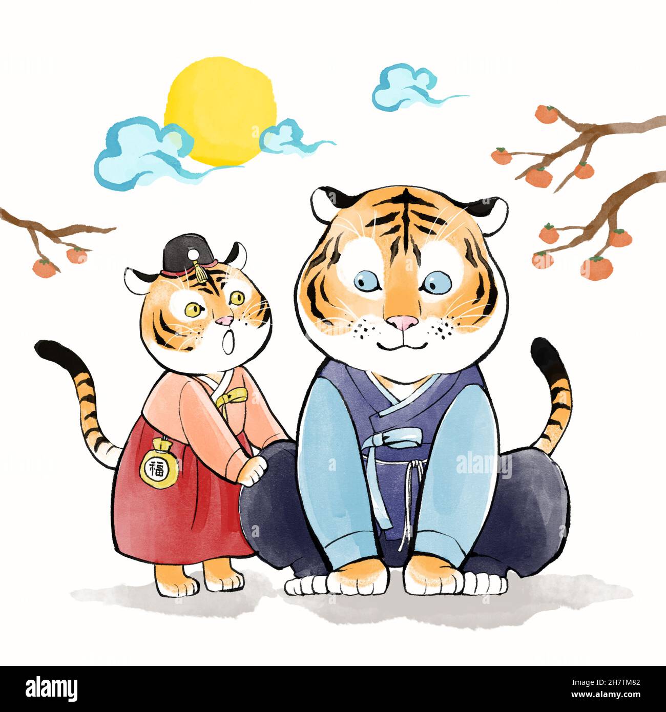 2024 year of tiger, two tigers resting under cherry blossom tree in