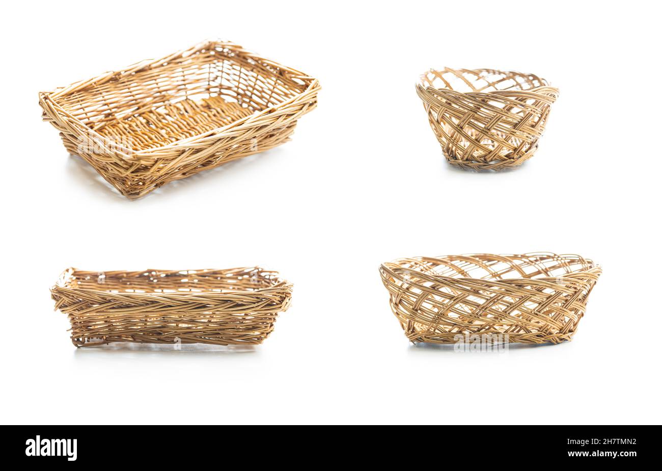 Empty wicker basket isolated on white background. Stock Photo