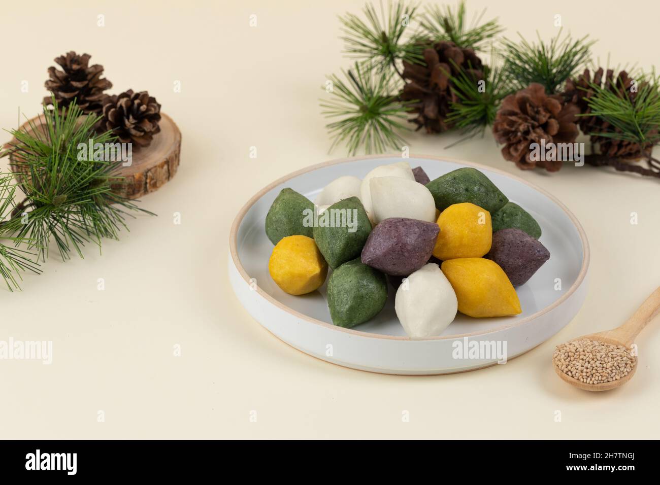 Korean traditional food, songpyeon rice cake with pine cone and needles