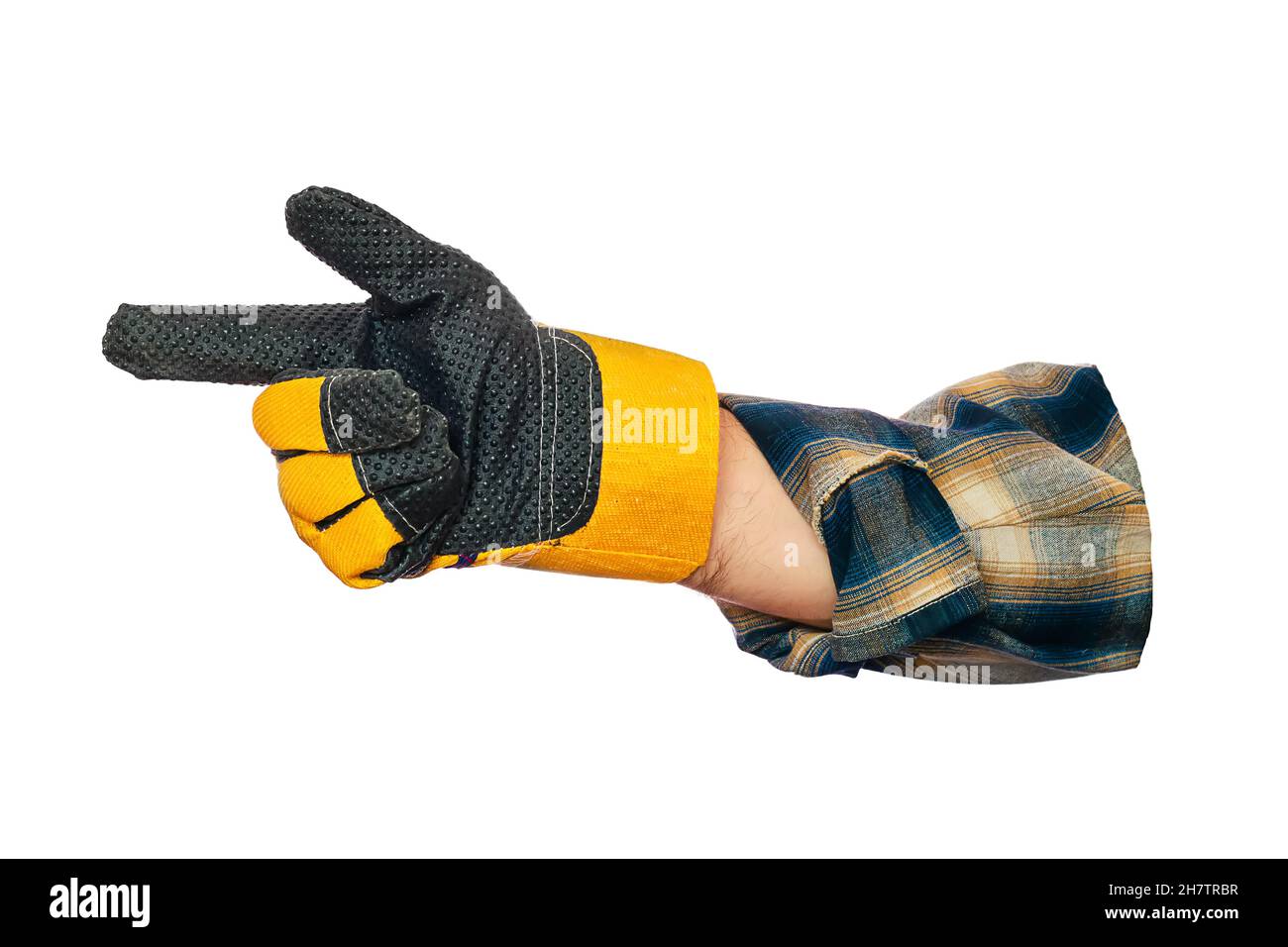 Hand of builder or contractor in protective glove is insulated on white background. Index finger points to side. Man's hand in plaid shirt. Indicates information. Concept. Construction and repair. Stock Photo