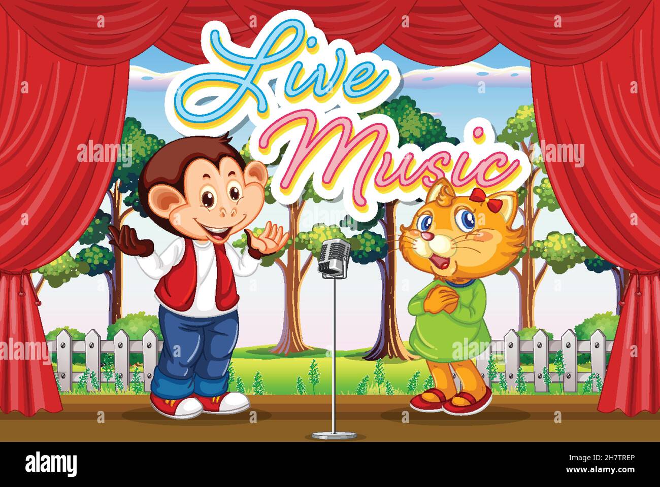 Monkey and cat performing singing on stage illustration Stock Vector