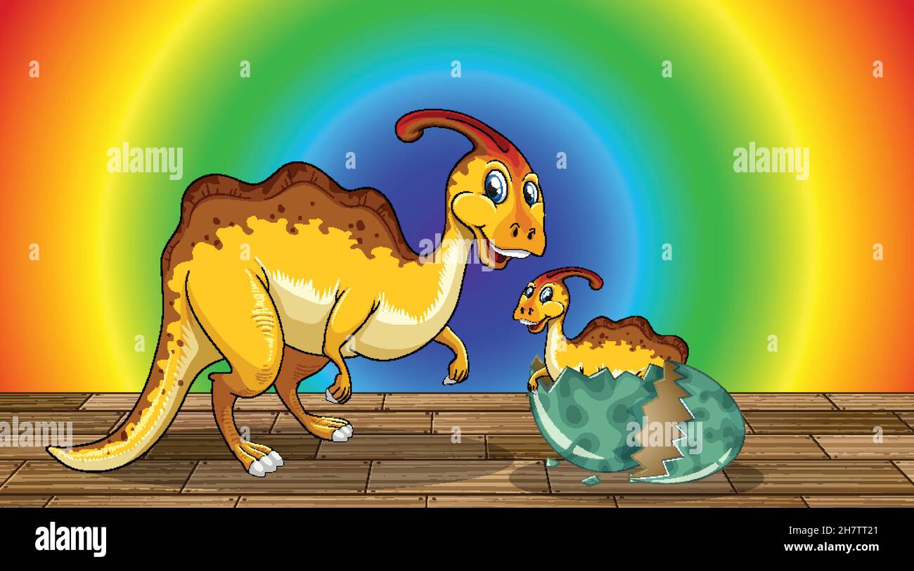 Cartoon dinosaur on rainbow gradient background illustration Stock Vector