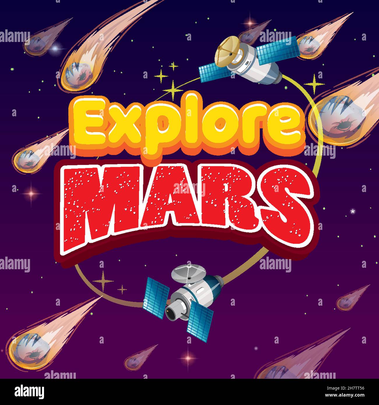 Explore Mars word logo on galaxy background illustration Stock Vector