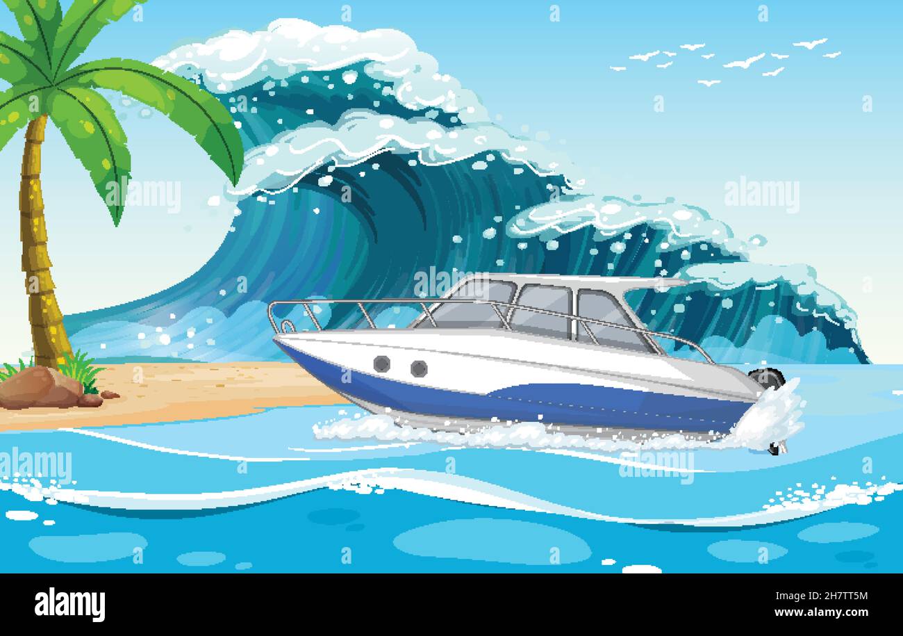 Beach background with speed boat on sea wave illustration Stock Vector ...
